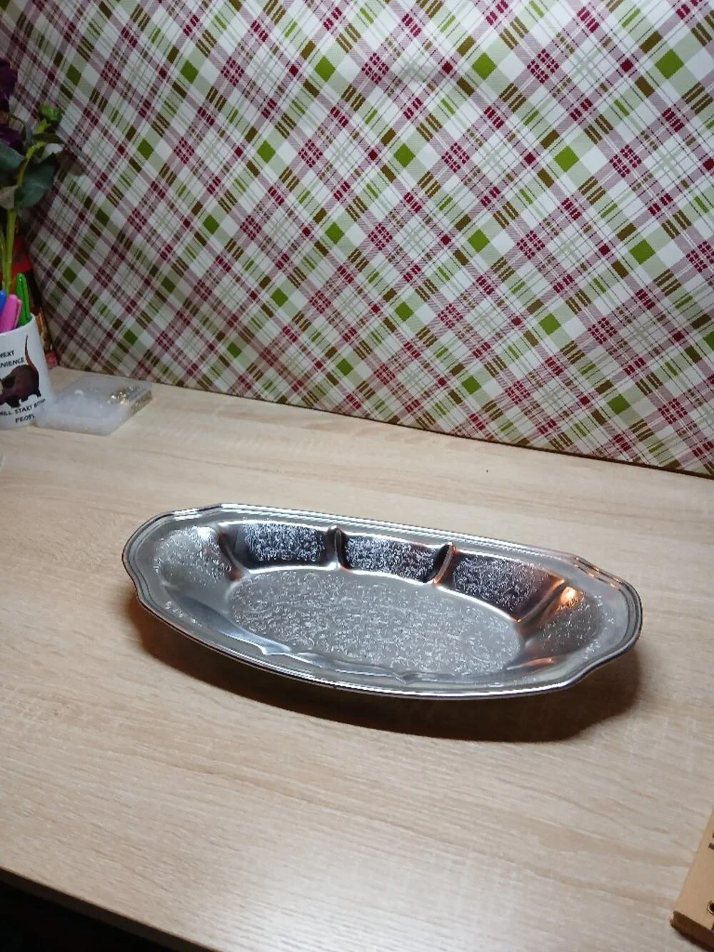 Vintage Antique Silver Tone Metal Platter Etched Floral Design